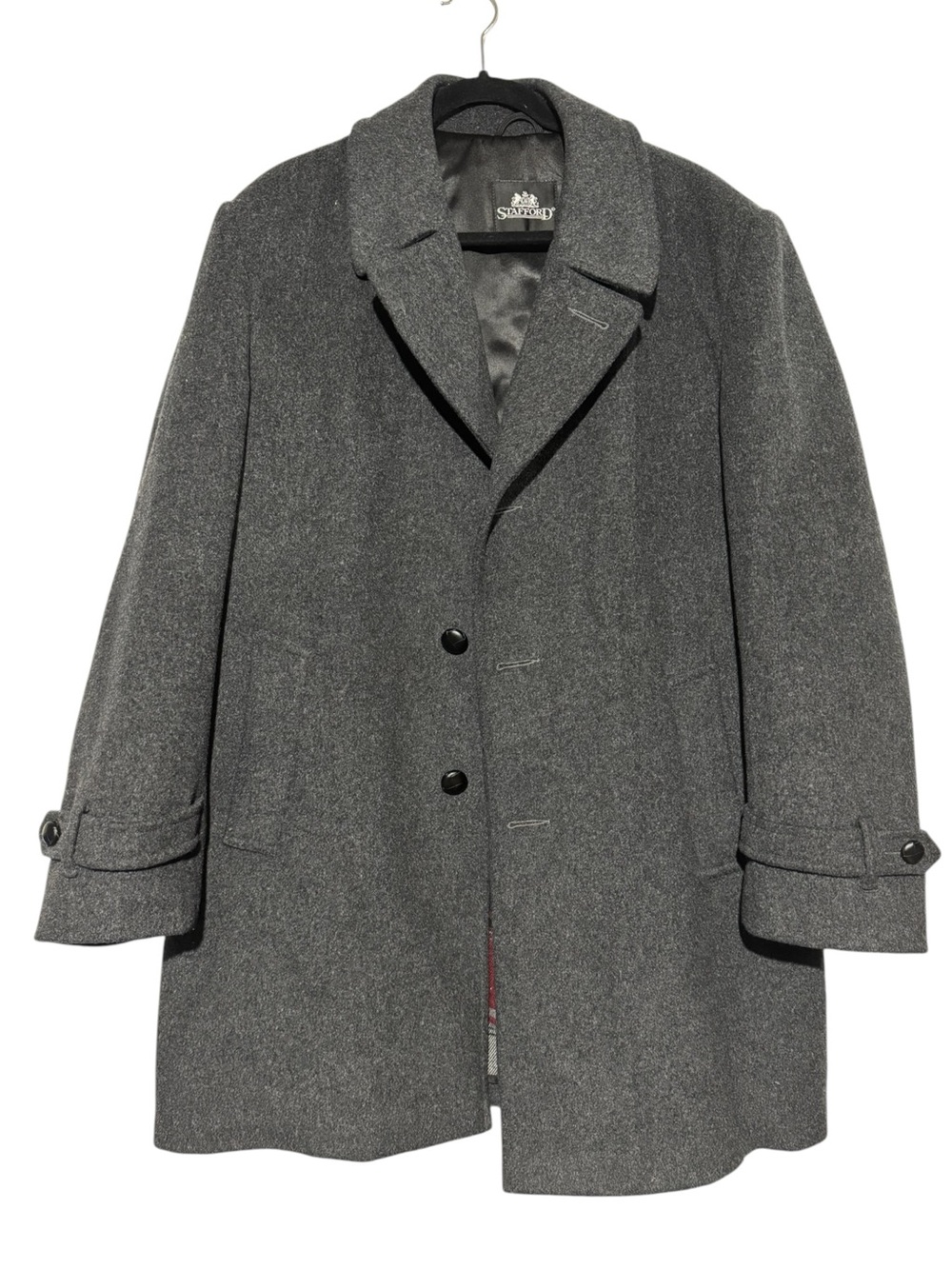 Stafford Wool Coat Men Size 44R Charcoal Gray Plaid Winter Dressy Old Money